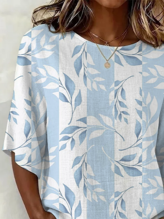 Women's Half Sleeve Blouse Summer Blue Floral Printing Crew Neck Daily Going Out Vintage Top
