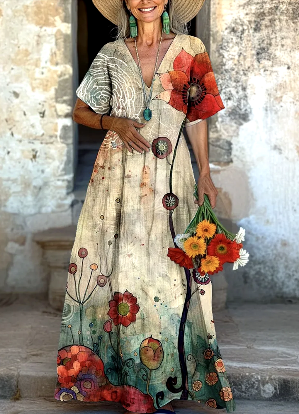 V Neck Casual Cotton Floral Dress With No Belt