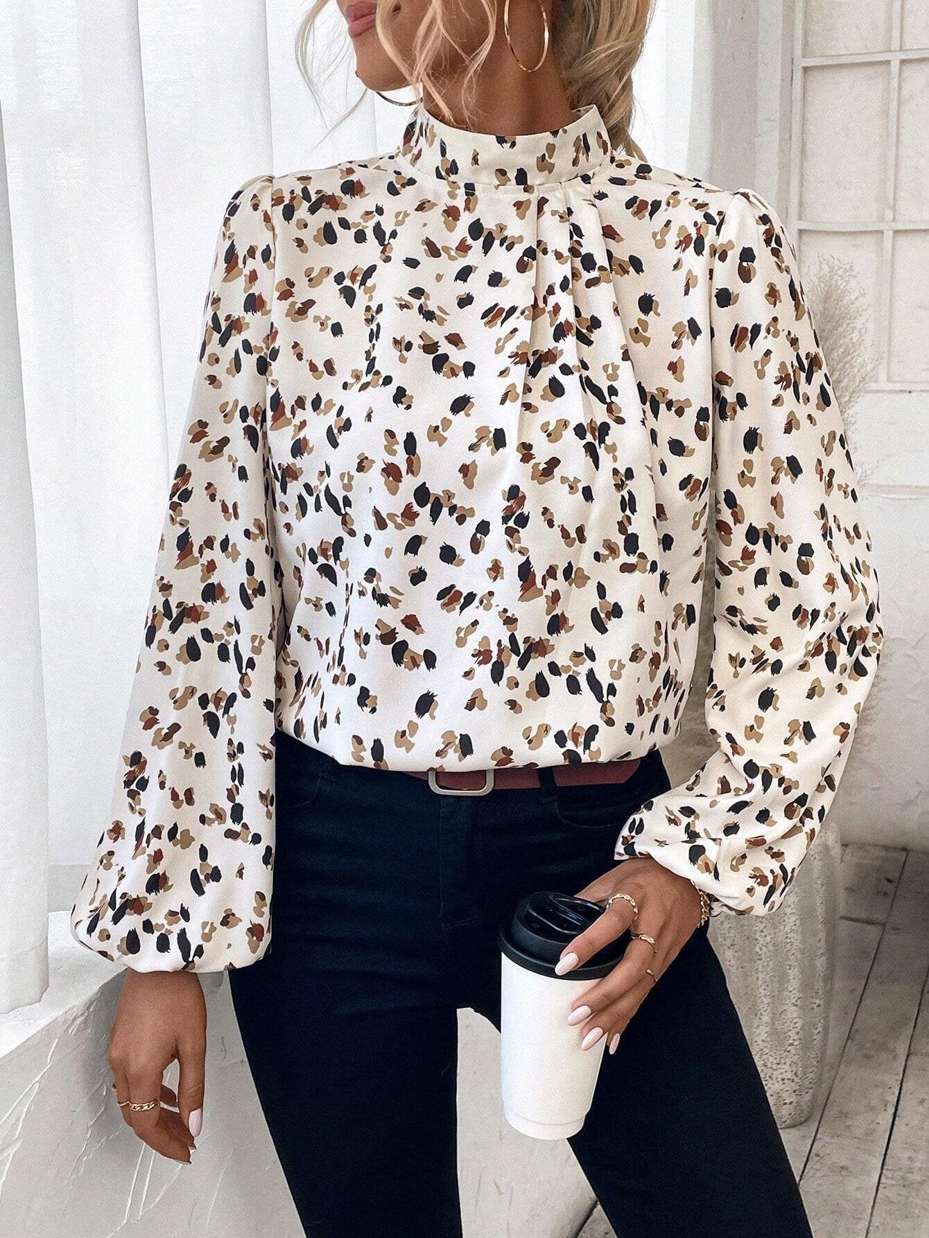 Women's Long Sleeve Shirt Spring/Fall Off White Leopard Split Joint Mock Neck Daily Going Out Casual Top