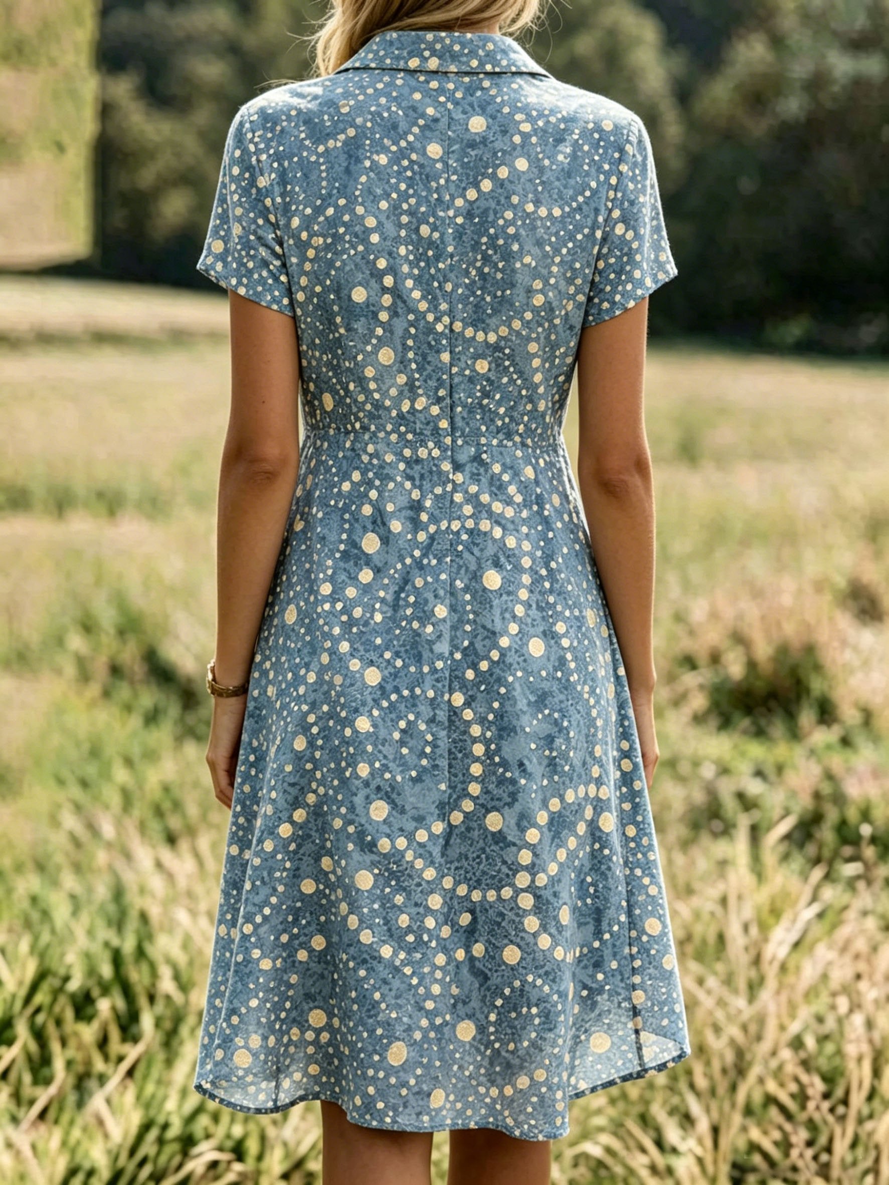 Shirt Collar Blue Polka Dots Vacation Regular Fit Dress With No
