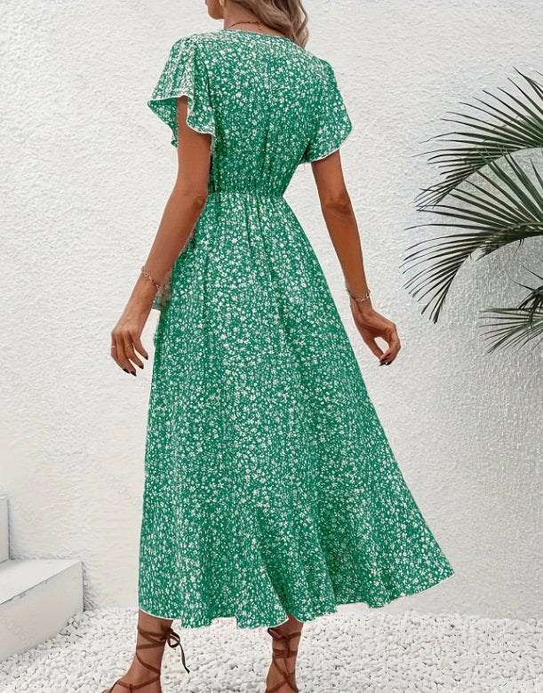 V Neck Ditsy Floral Regular Fit Elegant Dress With No