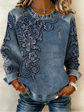 Women's Simulated Denim Print Patchwork Denim Crewneck Long-Sleeved Sweatshirt
