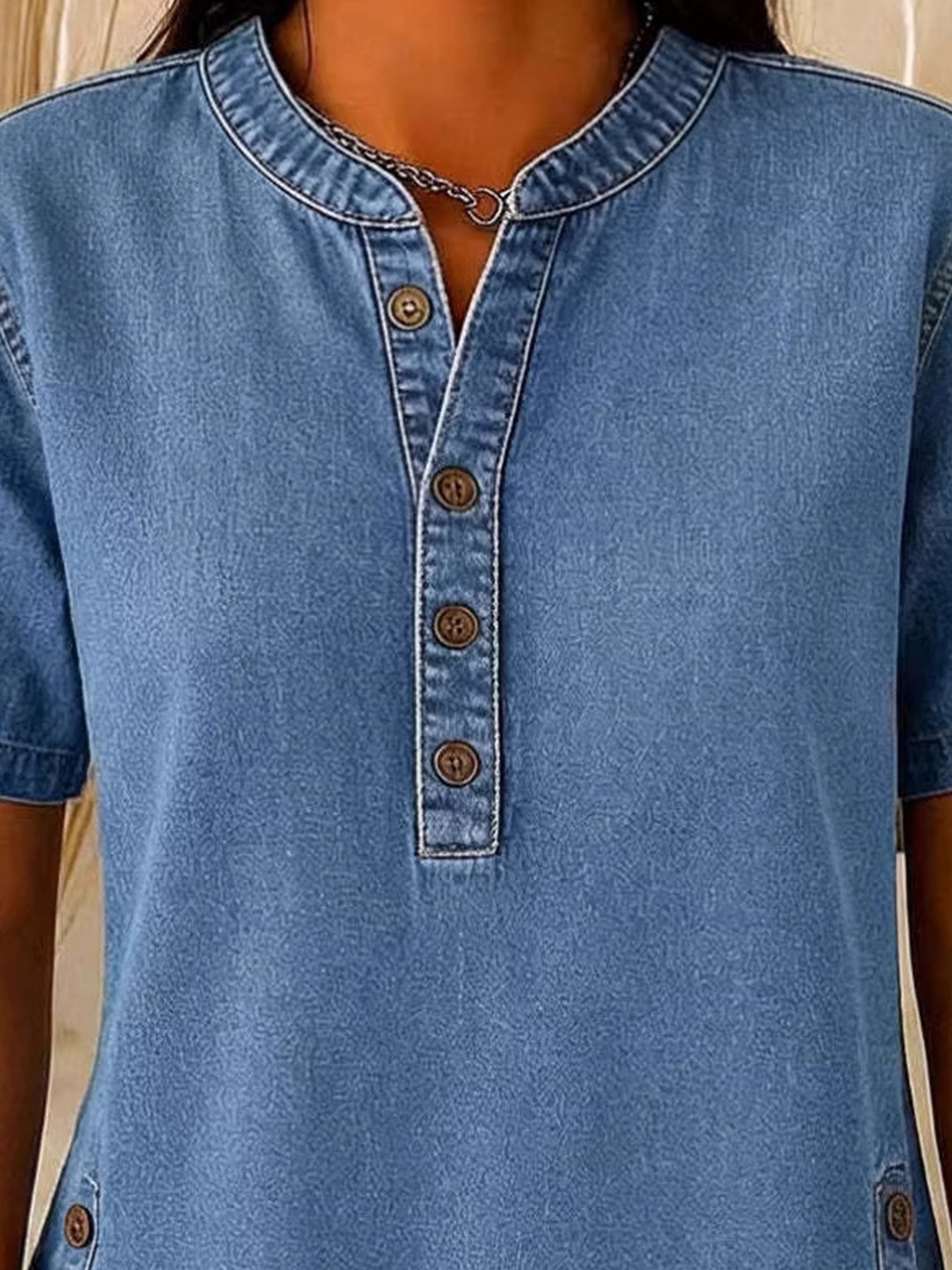 Plain Denim Look/Denim Effect Crew Neck Button Short Sleeve Spring/Summer Going Out Casual Blouse