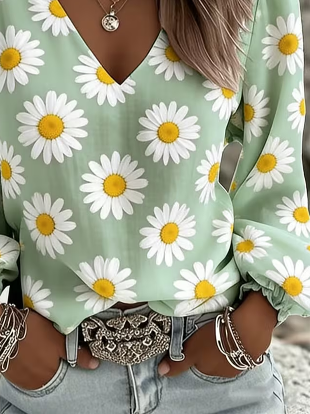 Women's Long Sleeve Blouse Spring/Fall Green Floral Printing V Neck Daily Going Out Casual Top
