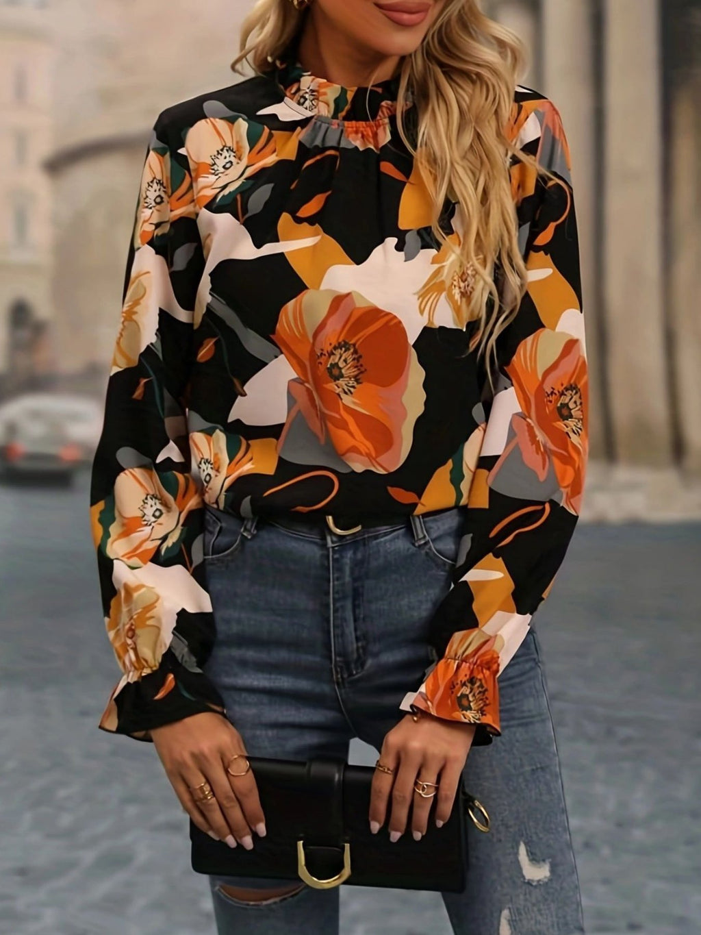 Women's Long Sleeve Shirt Spring/Fall flower Floral Split Joint Mock Neck Daily Going Out Casual Top