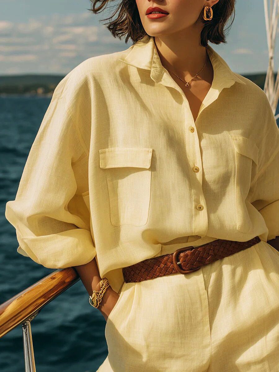 Women's Split Joint Plain Daily Going Out Two-Piece Set Yellow Casual Summer Top With Pants Matching Set