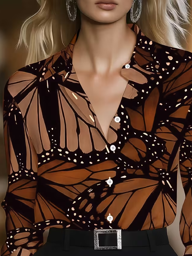 Women's Long Sleeve Shirt Spring/Fall Brown Butterfly Shawl Collar Daily Going Out Casual Top