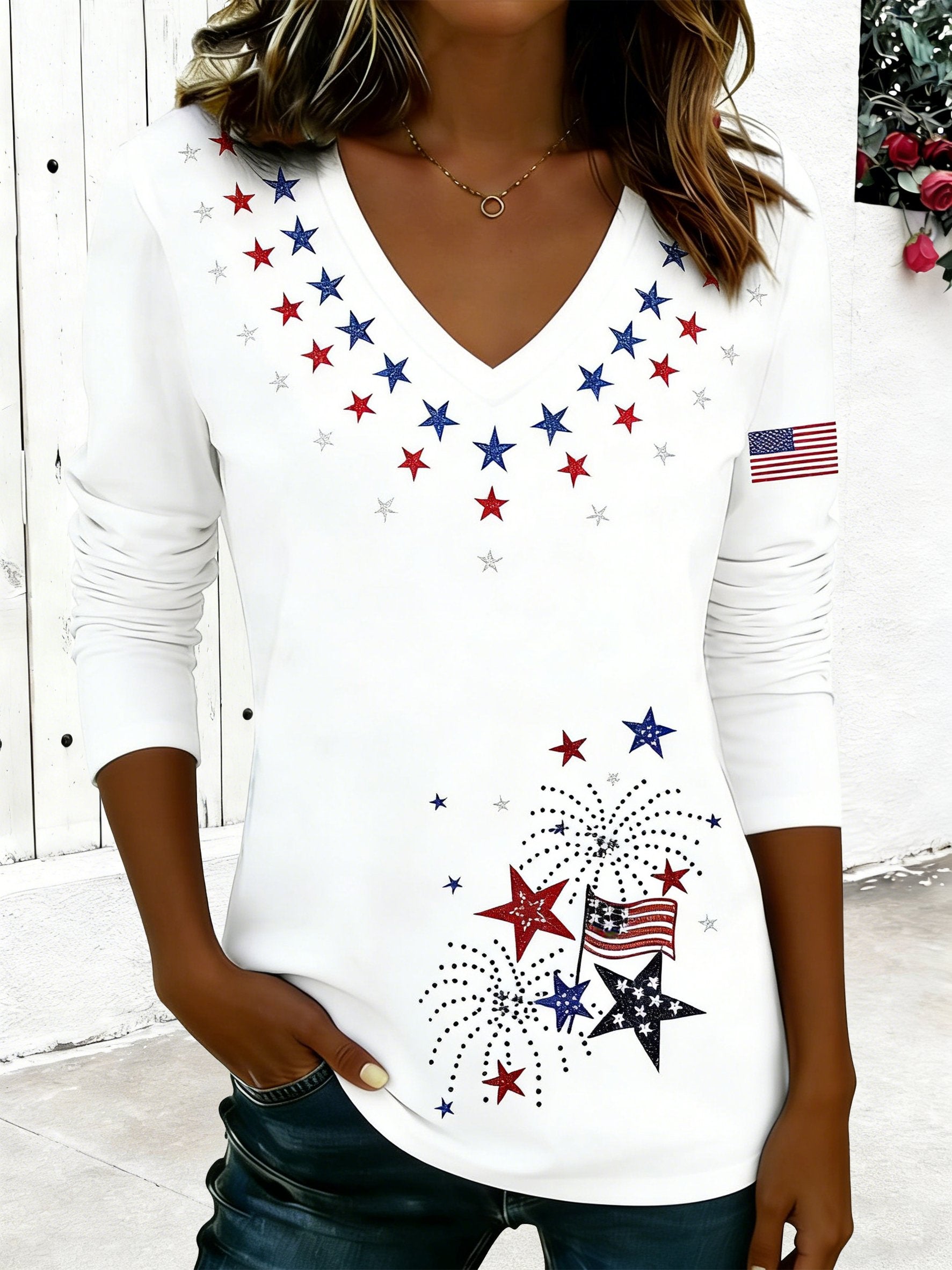 America Flag V Neck Casual Cotton T-Shirt
