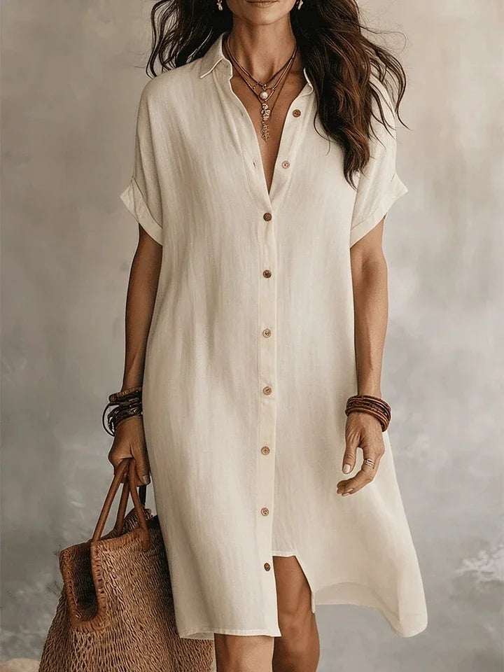 Cotton Linen Plain Shawl Collar Short Sleeve Button Summer Going Out Casual Shirt Dress
