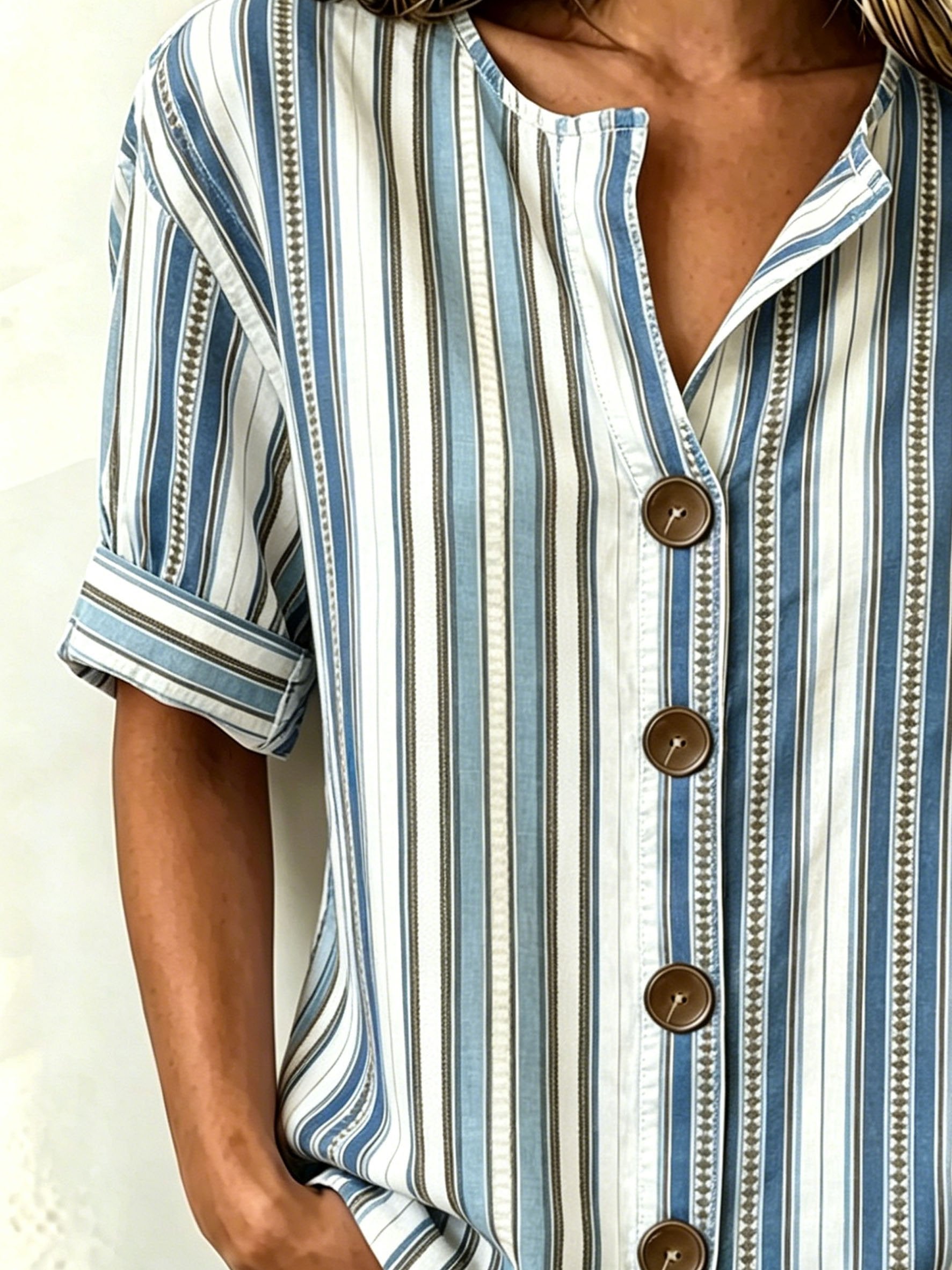Vintage Striped Stand Collar Botton Spring Summer Linen Blend Casual Shirt