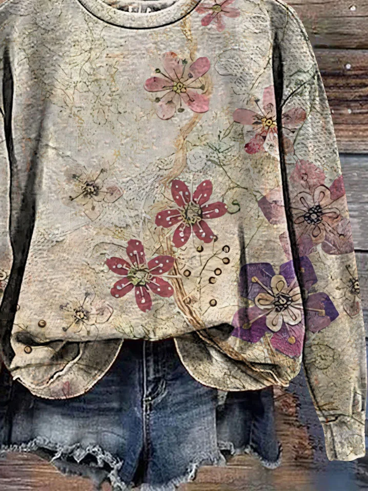 Crew Neck Floral Loose Casual Sweatshirt