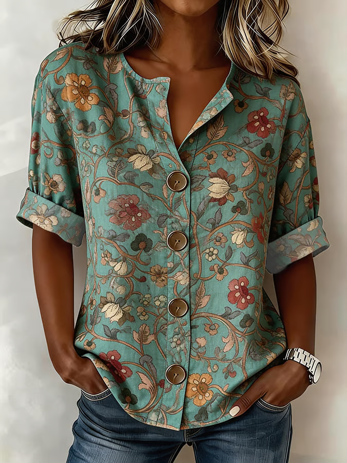 Women's Long Sleeve Shirt Spring/Fall Green Floral Buckle Stand Collar Daily Going Out Casual Top