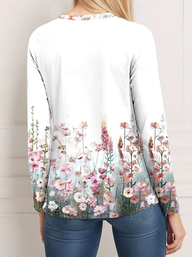 Casual V Neck Floral Loose Blouse