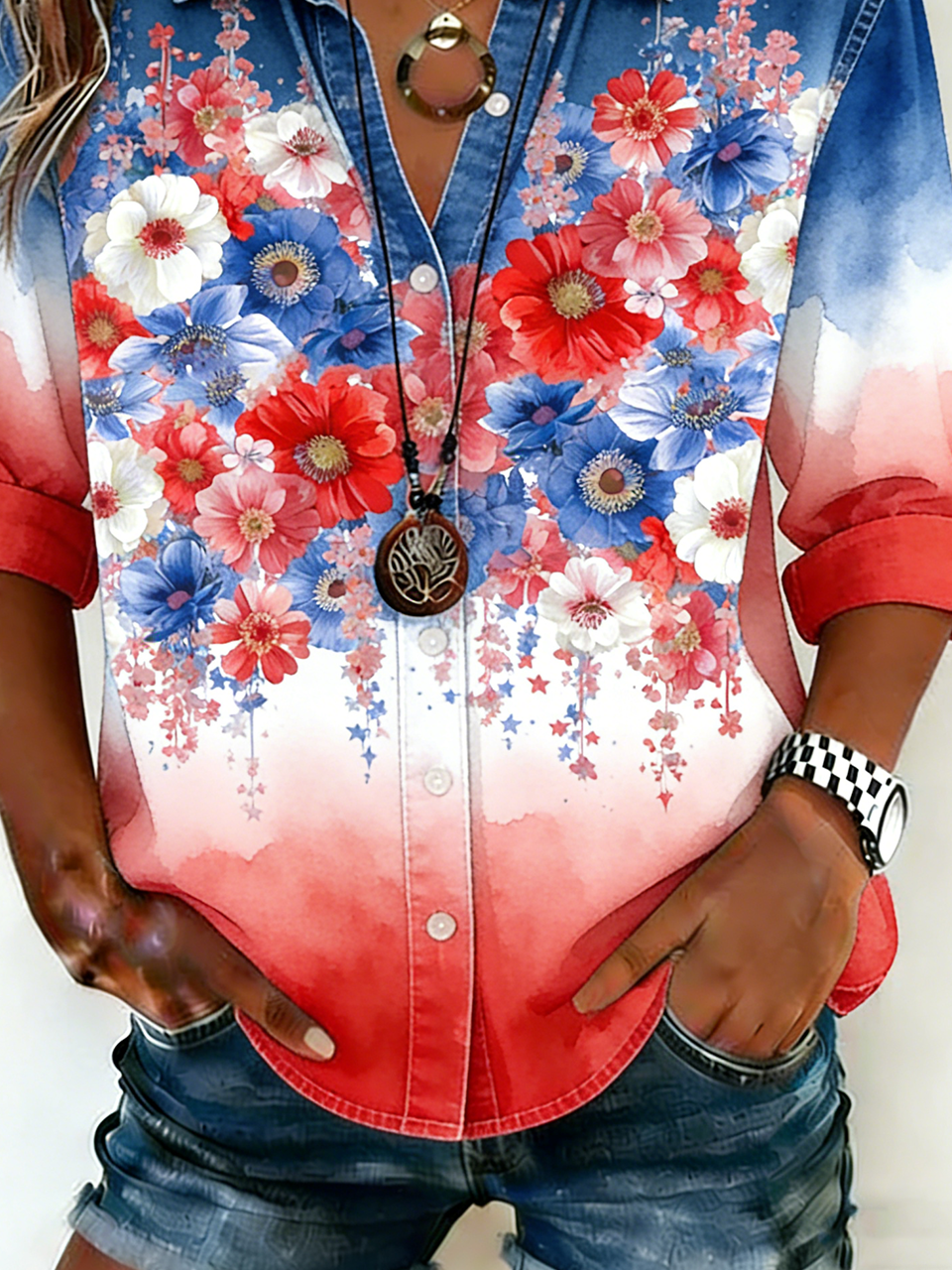 Loose Others Casual Faux Denim Print Graphic Shirt