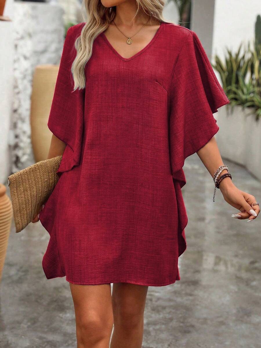 Women's Short Sleeve Summer Khaki Plain Split Joint V Neck Daily Going Out Vintage Mini A-Line Ruffle Skirt Dress