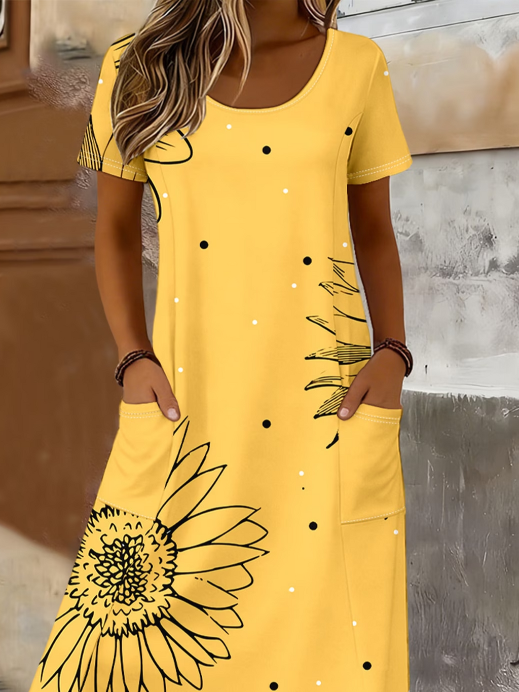Women's Short Sleeve Summer Yellow Floral Printing Crew Neck Daily Going Out Casual Maxi H-Line T-Shirt Dress Dress