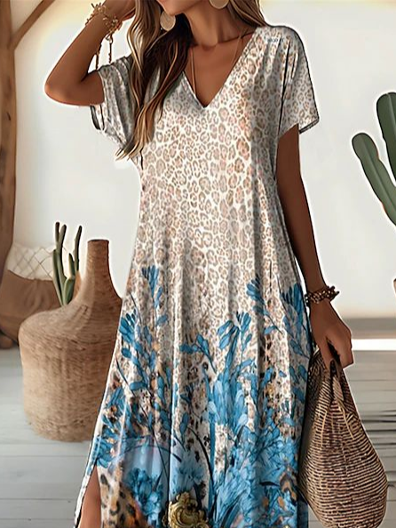 Women's Leopard Floral Print Casual V-Neck Short Sleeve Slit Dress