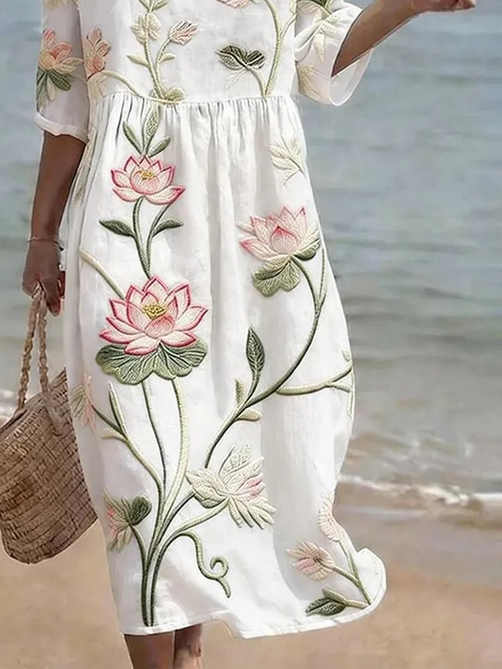 Floral Vintage Linen Blend Dress With No