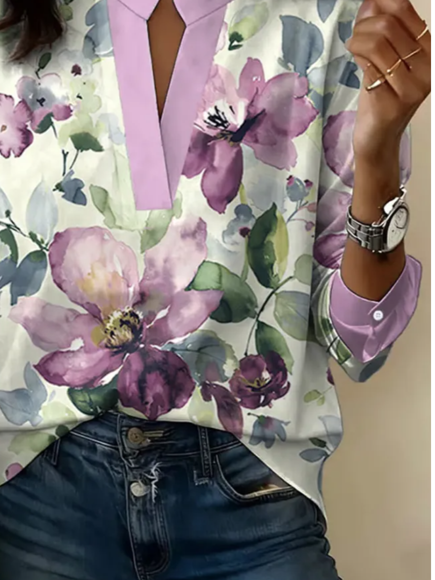 Floral Cotton-Blend Loose Vintage Blouse