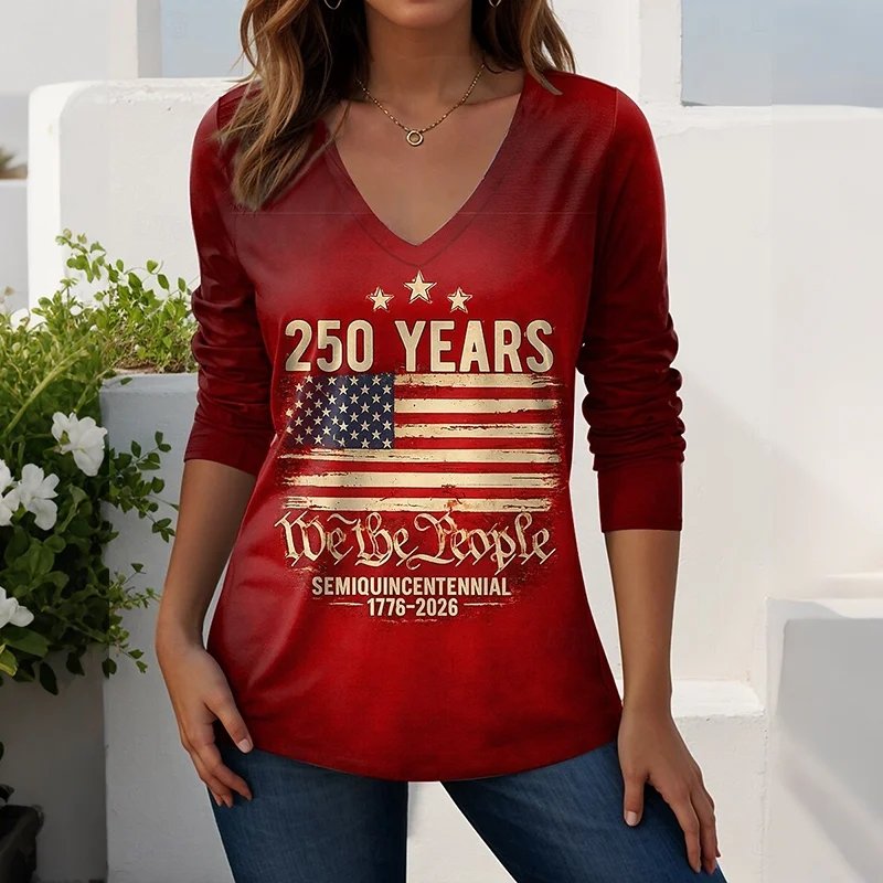 Independence Day Elegant V Neck Loose T-Shirt
