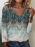 Print Casual V Neck Long Sleeve T-Shirt