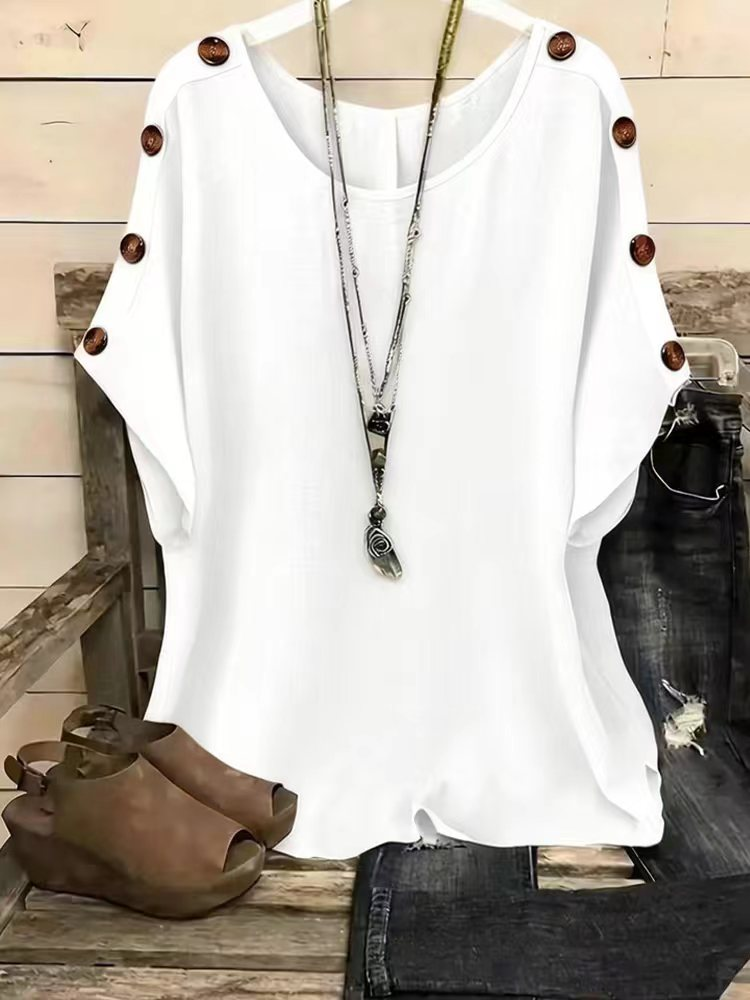 Plain Short Sleeve Round Neck Button Summer Casual Top