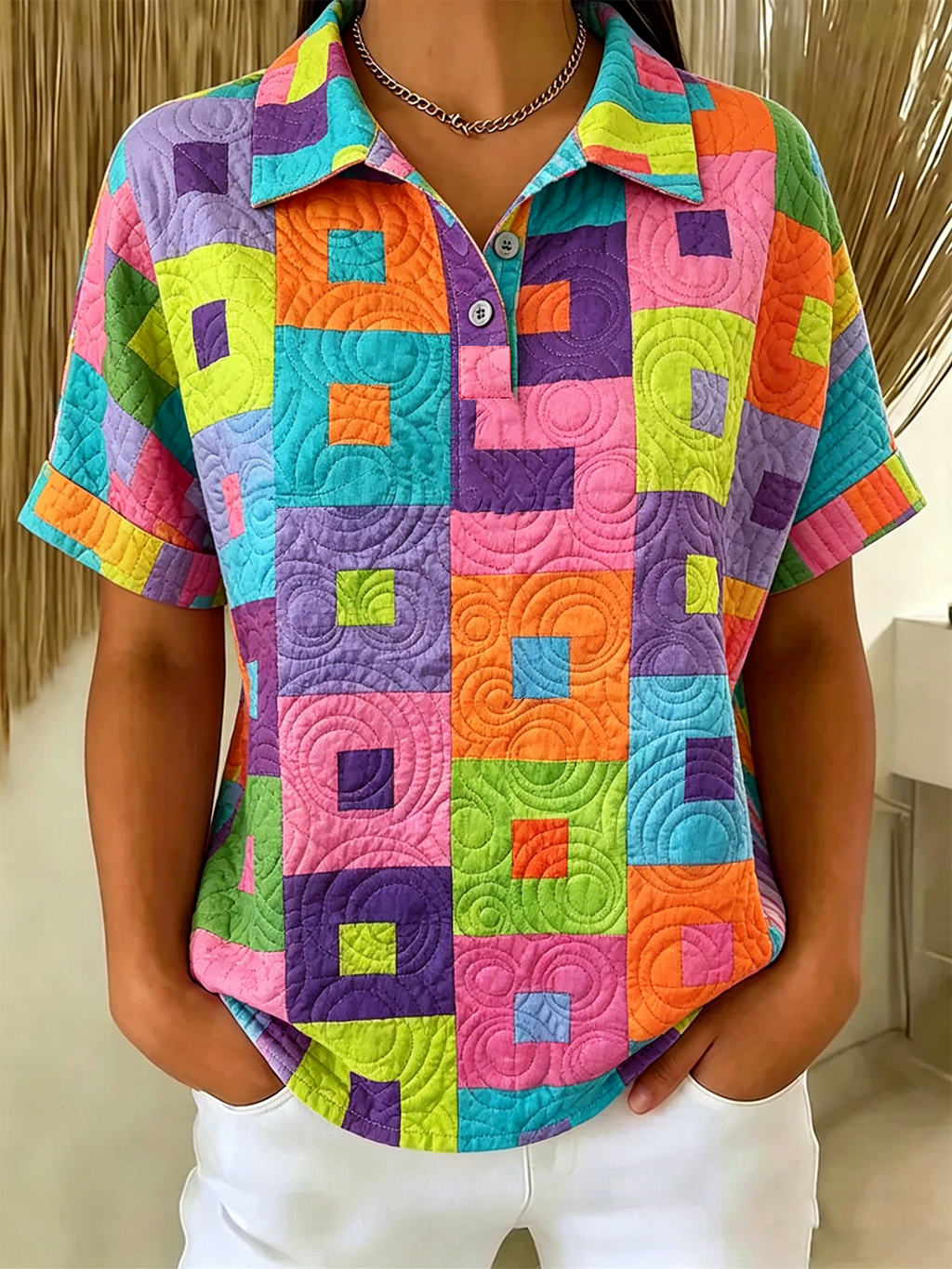 Polo Collar Casual Geometric T-Shirt