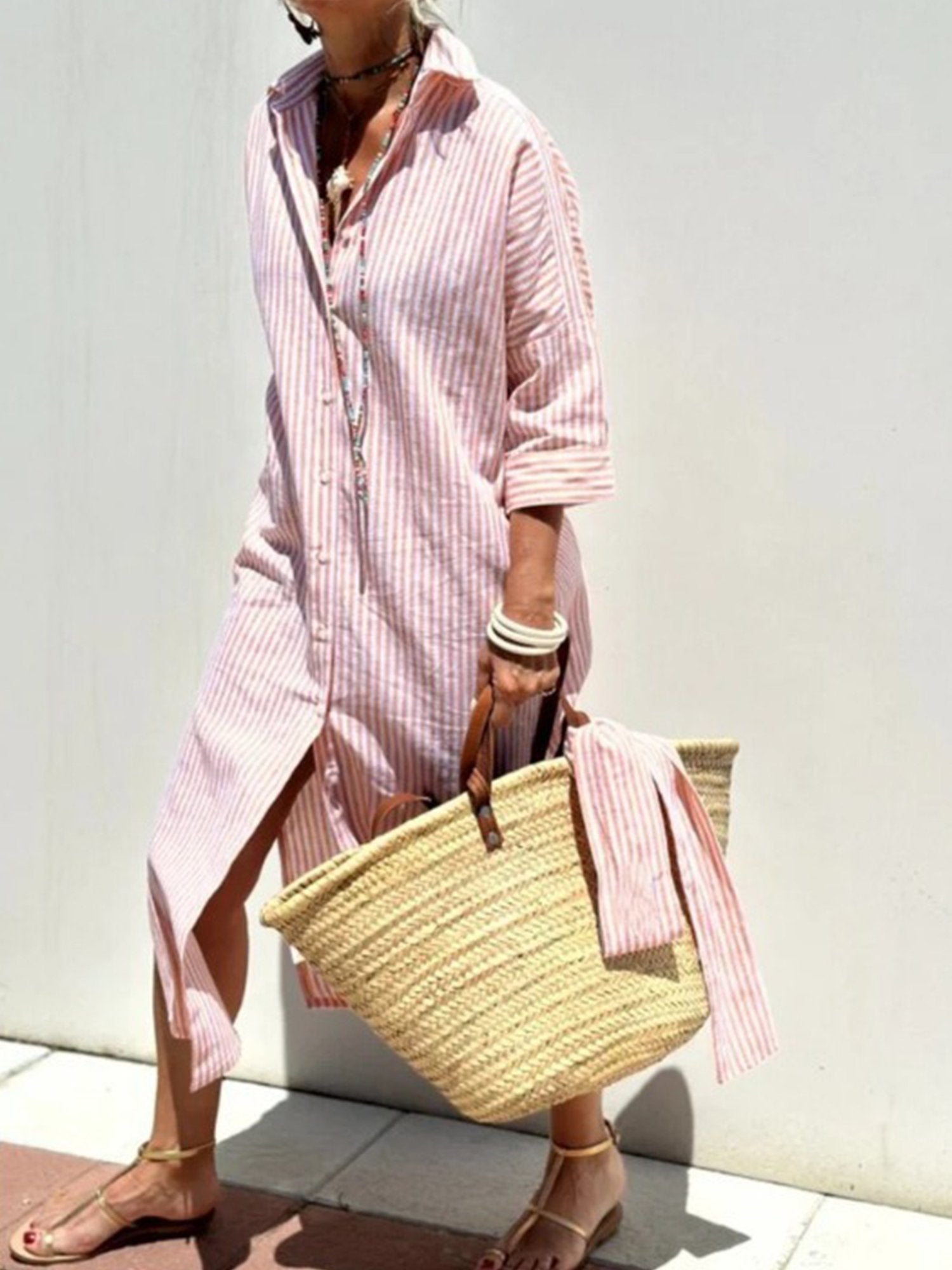 Casual Striped Shirt Collar Midi Dress