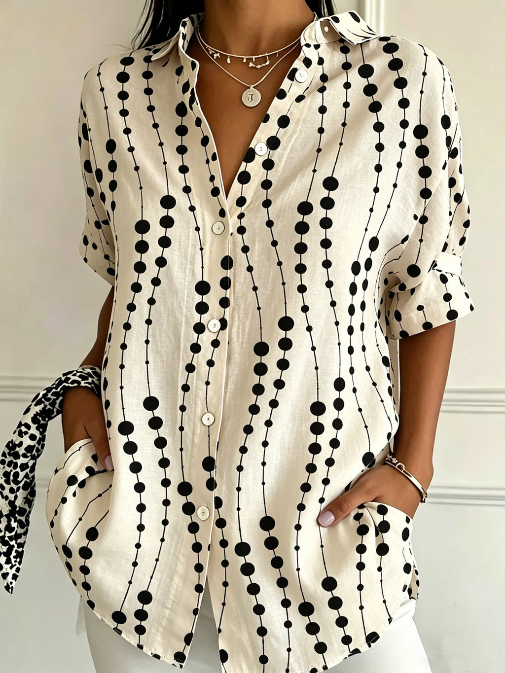 Geometric Shawl Collar Short Sleeve Linen Blend Casual Shirt