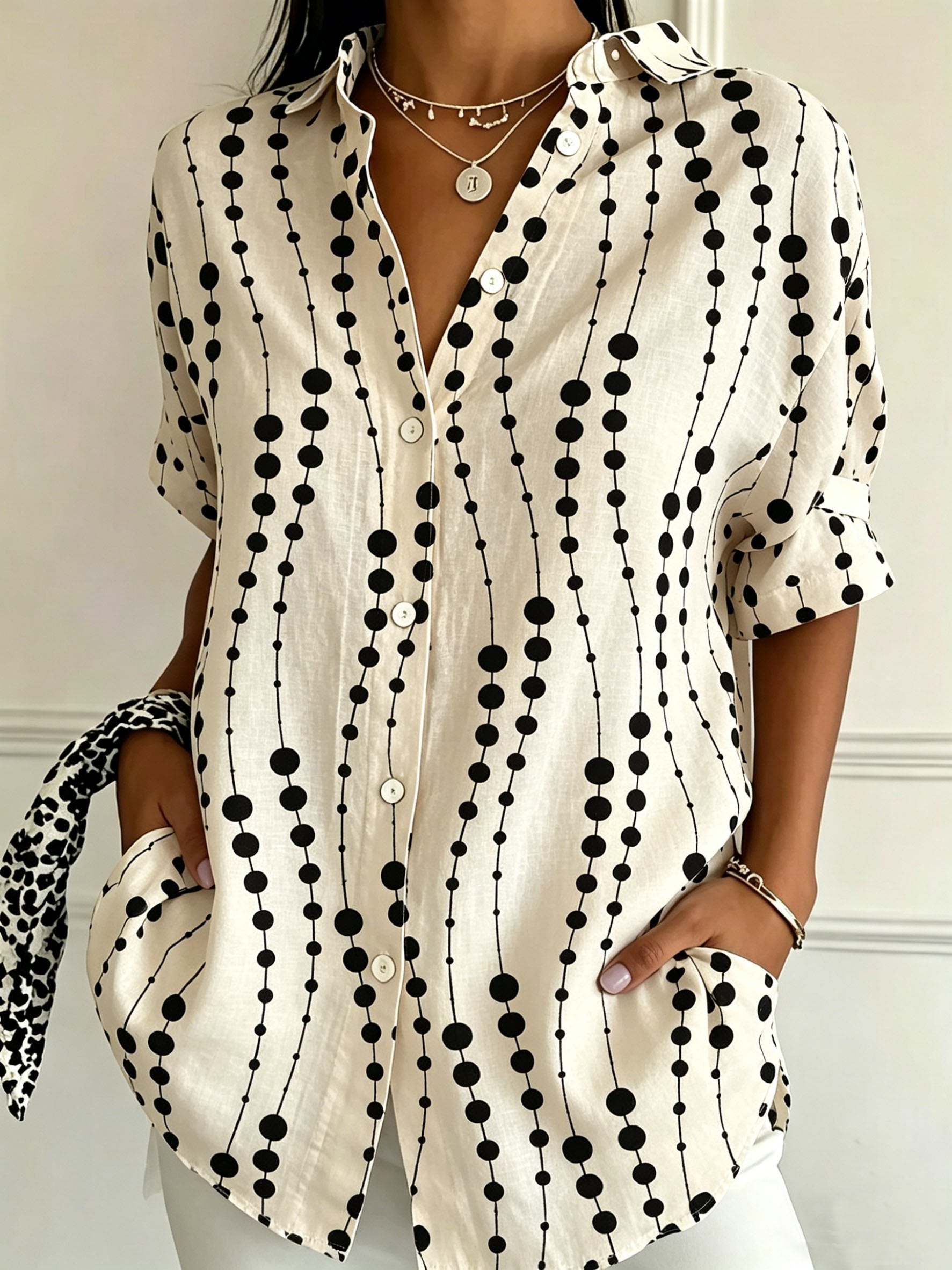 Geometric Shawl Collar Short Sleeve Linen Blend Casual Shirt