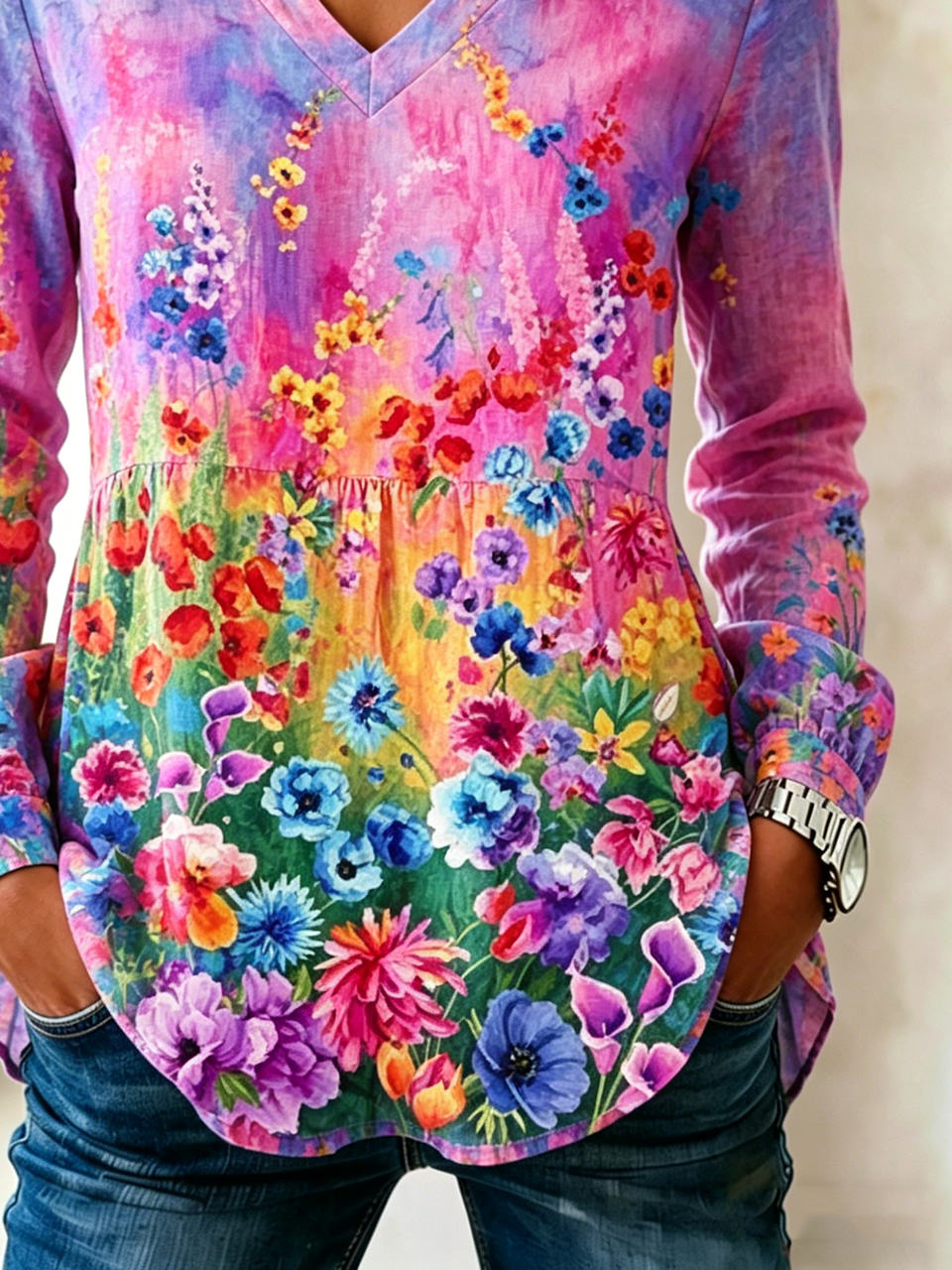 V Neck Floral Loose Simple Shirt