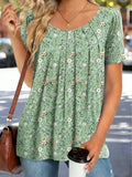 Flora Printing Puff Sleeve Crew Neck Going Out Spring Summer Casual Blouse