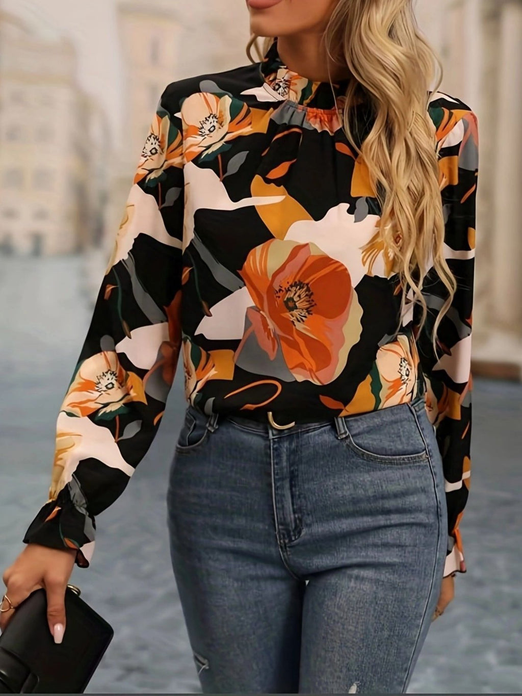 Women's Long Sleeve Shirt Spring/Fall flower Floral Split Joint Mock Neck Daily Going Out Casual Top