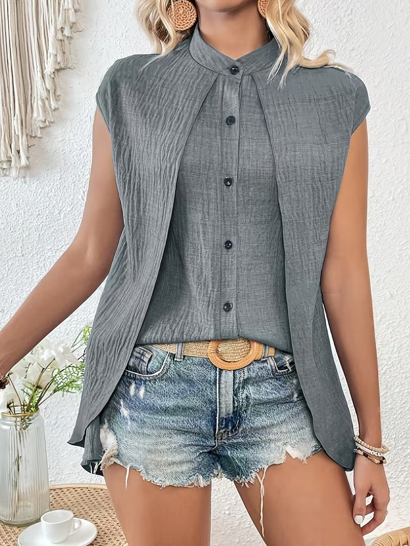 Plain Elegant Fake 2in 1 Stand Collar Short Sleeve Button Casual Shirt