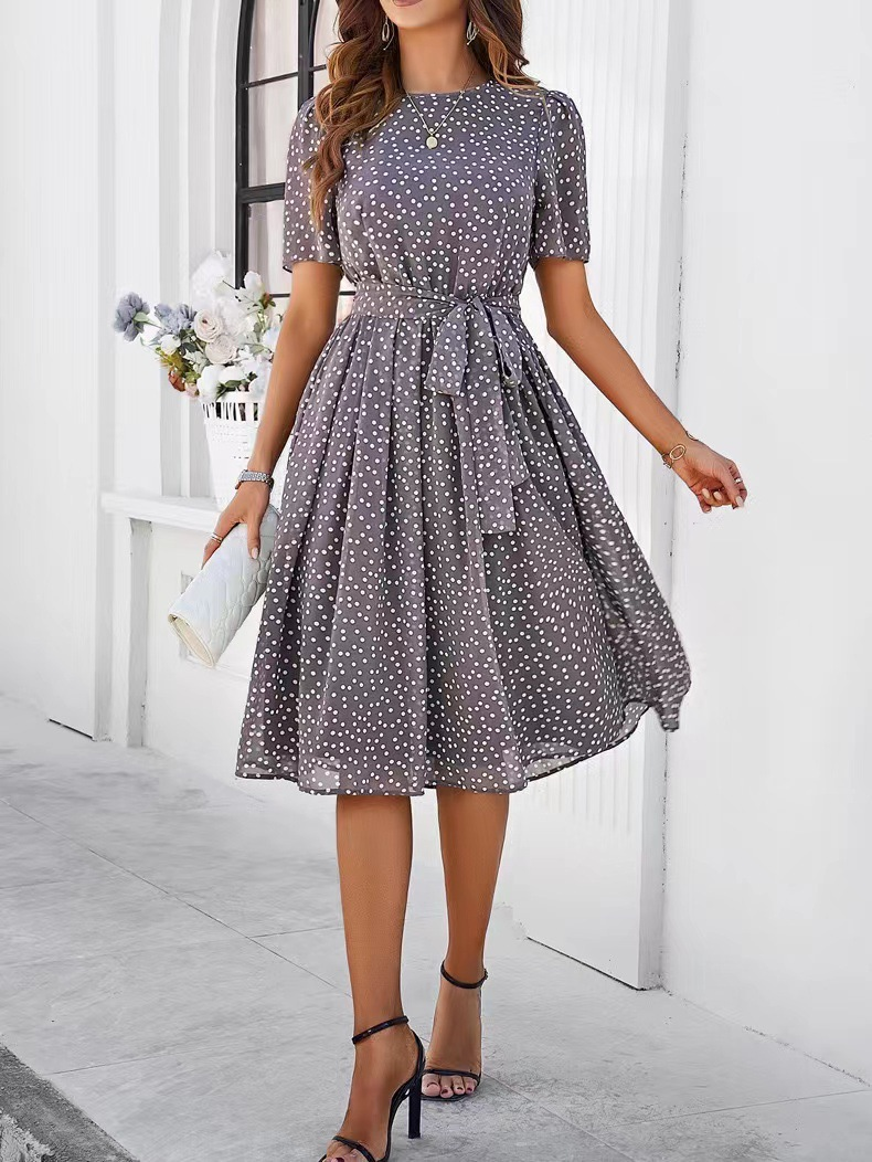 Elegant Regular Fit Crew Neck Polka Dots Dress With Belt