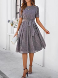 Elegant Regular Fit Crew Neck Polka Dots Dress With Belt