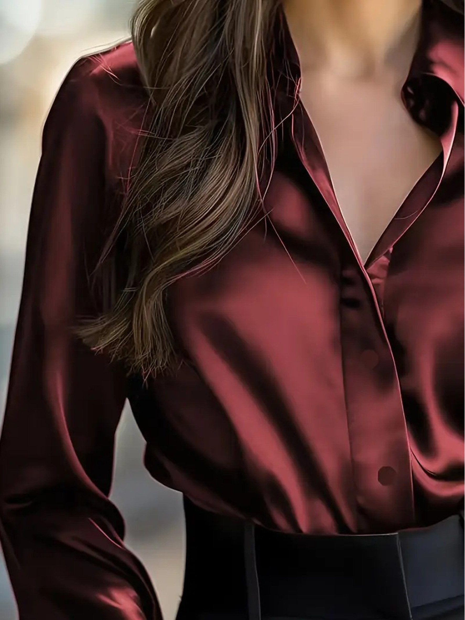 Satin Plain Shirt Collar Long Sleeve Elegant Casual Shirt