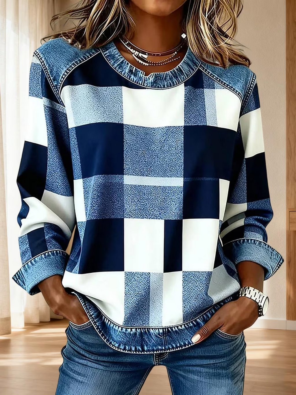 Women's Abstract Plaid Print Patchwork Denim Crewneck Long-Sleeved Sweatshirt