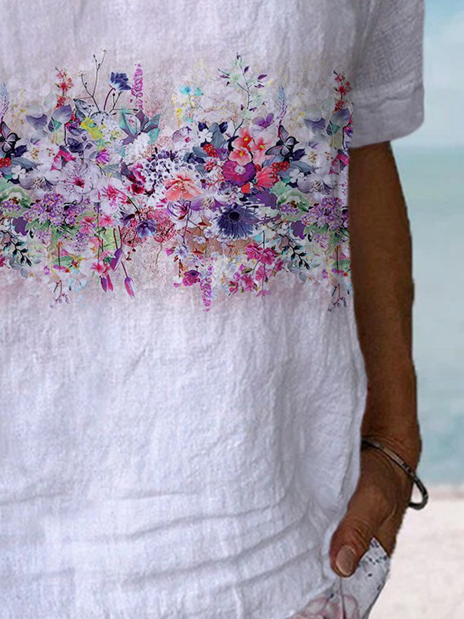 Floral Print Short Sleeve V-neck Blouses