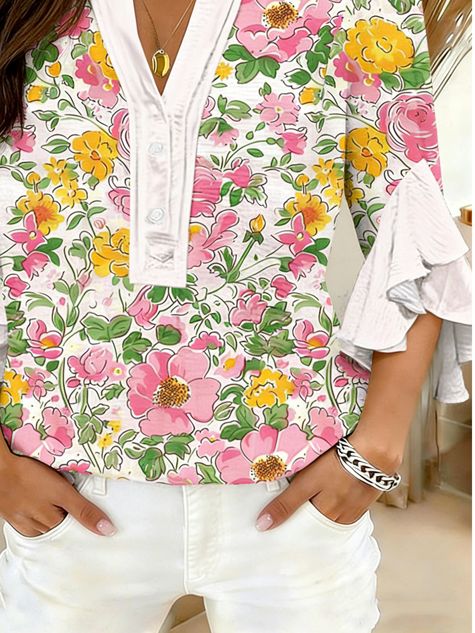 Floral Casual V Neck Shirt
