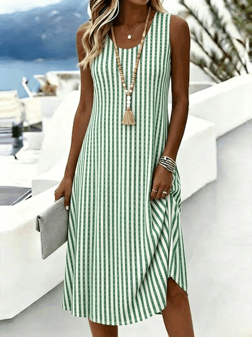 Women's Casual Sleeveless Striped Midi Dress Pink Purple Boho Summer A-Line Tank Dress for Beach Vacation