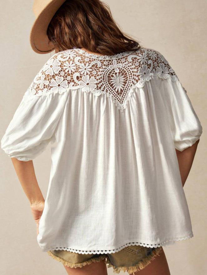 Polyester Cotton Lace Patchwork Crew Neck Puff Sleeve Western Style Summer Spring Going Out Blouse