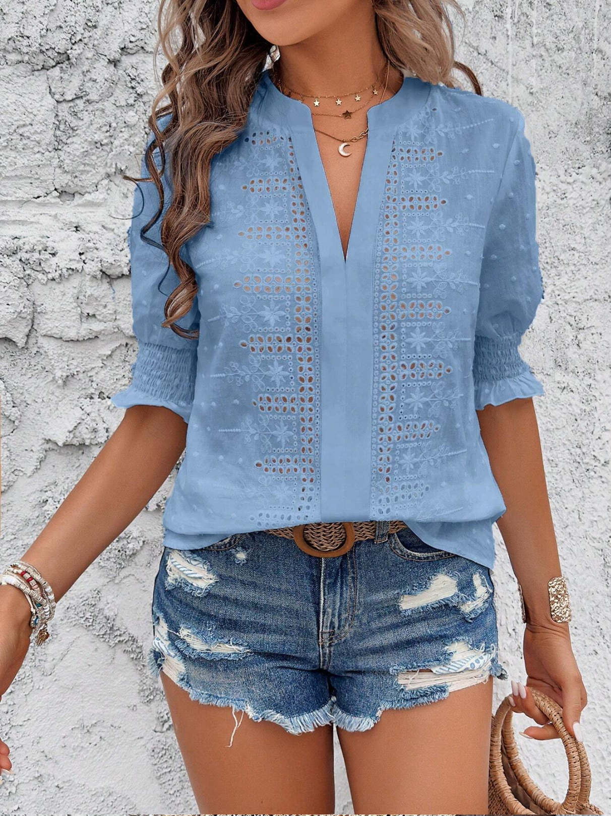 Embroidery Patterns V Neck Puff Short Sleeve Casual Blouse