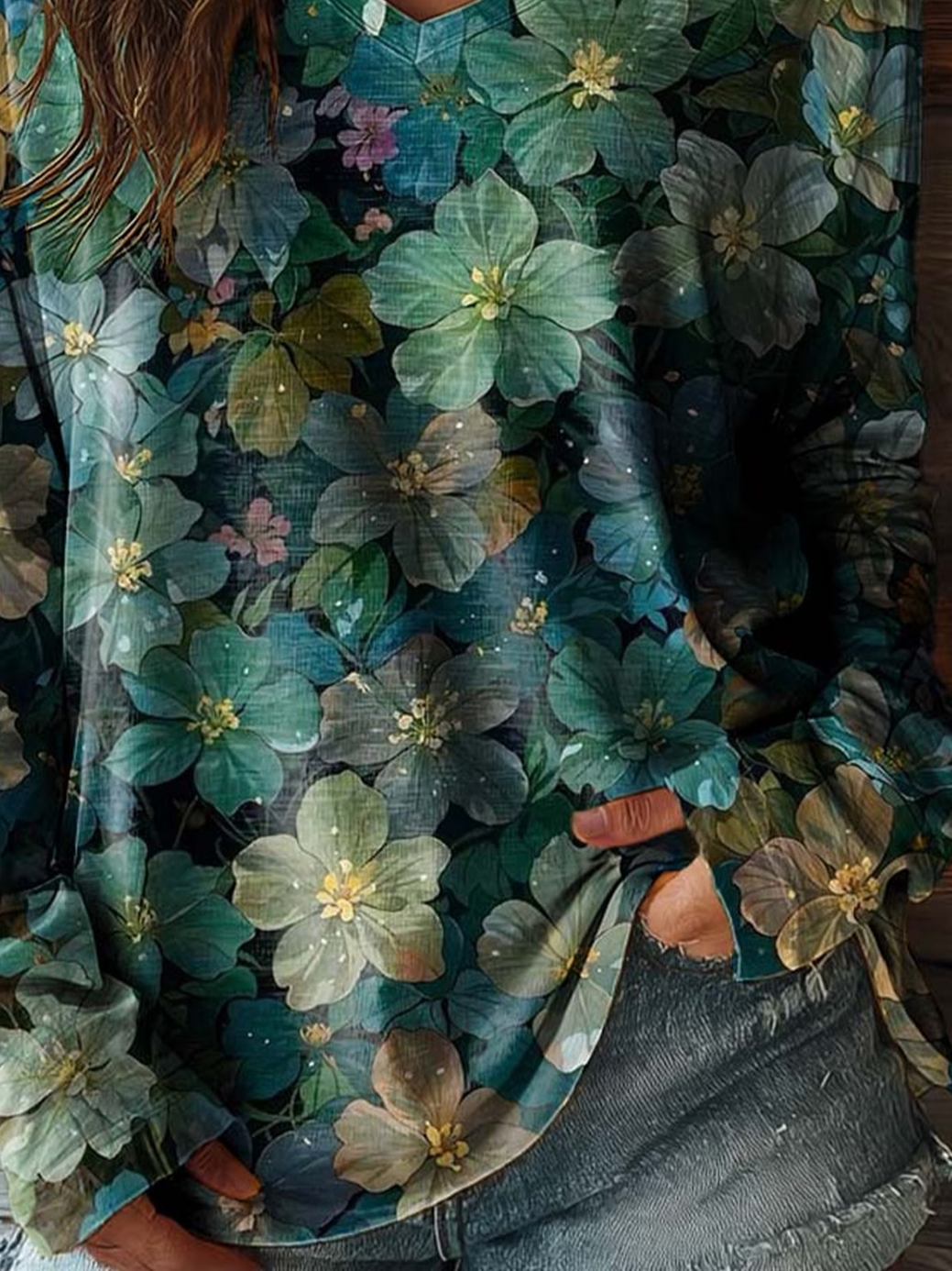 Women's Long Sleeve T-shirt Spring/Fall Green Floral Printing Jersey V Neck Daily Going Out Casual Top