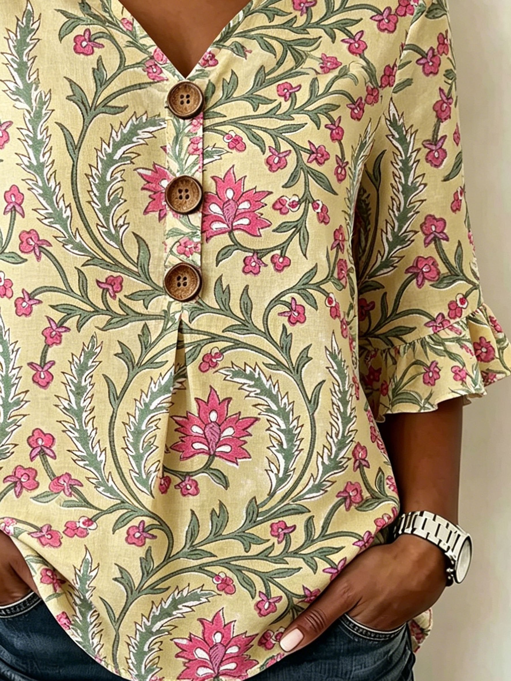 Women's Floral Half Sleeve Blouse Summer V Neck Button Daily Going Out Vintage Top