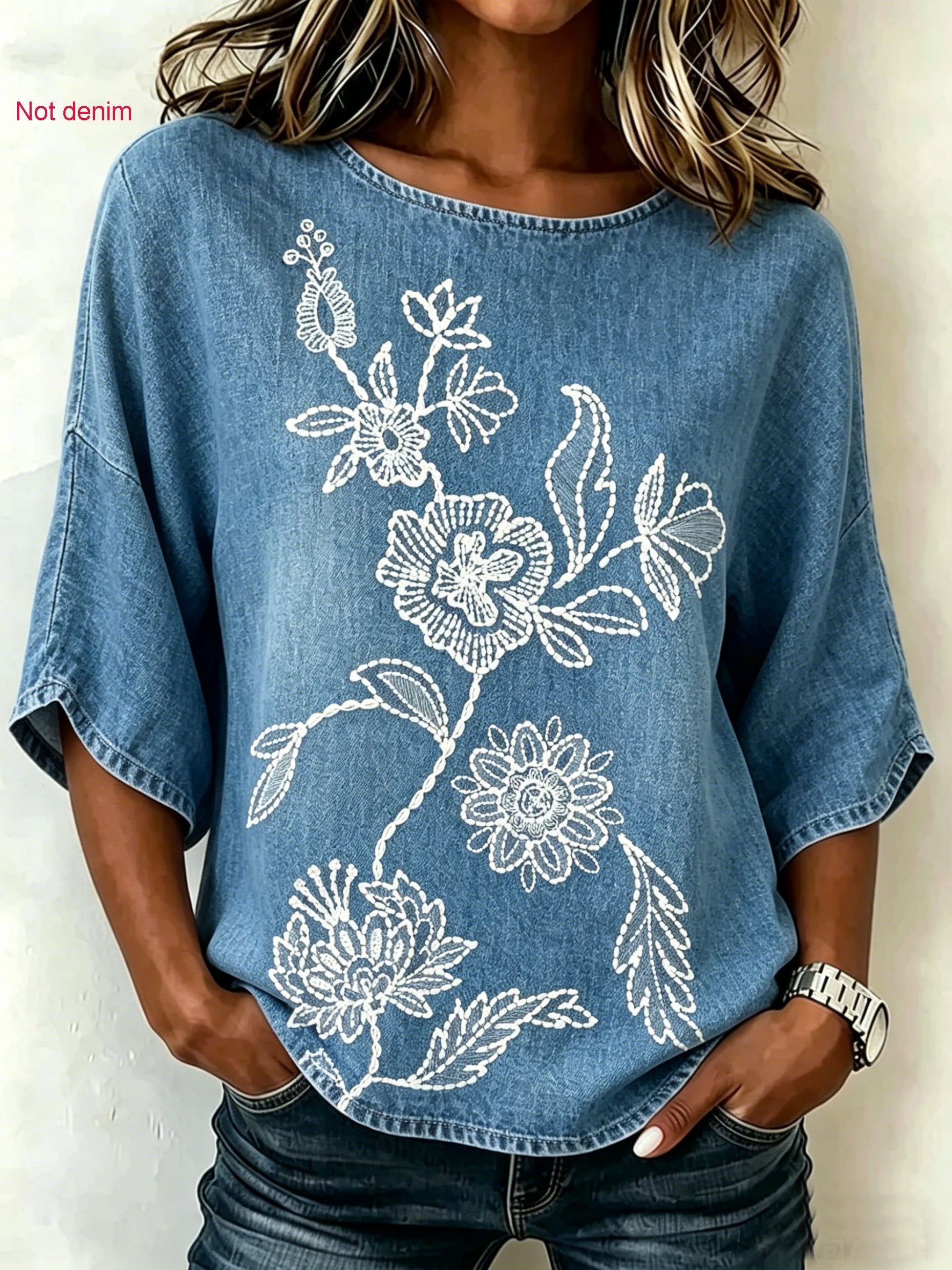 Botanical Pattern Crew Neck Casual Loose Top