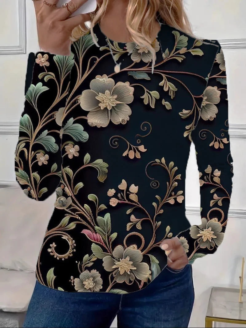 Women's Floral Print Casual Crew Neck Long Sleeve T-Shirt