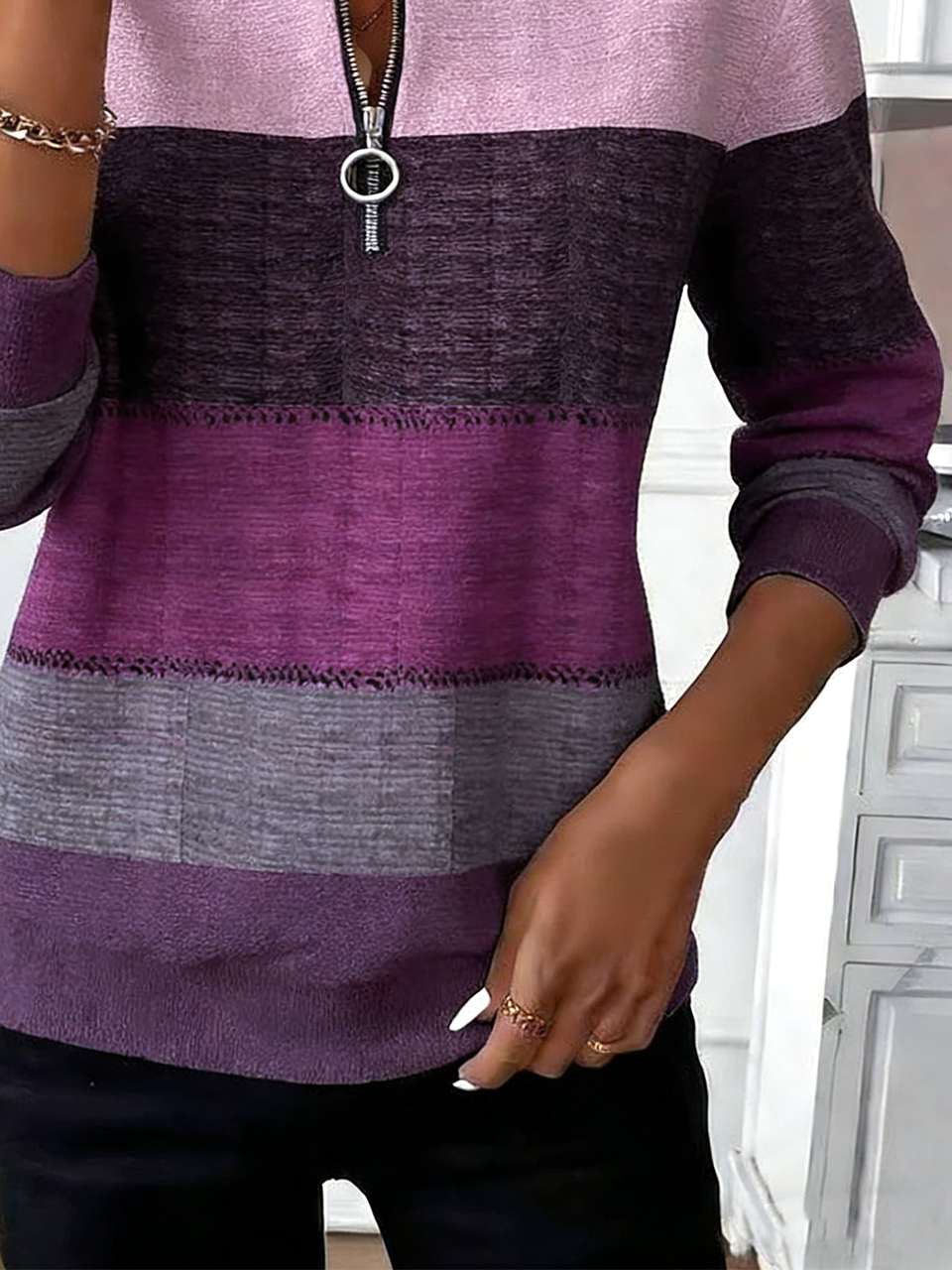 Loose Multicolor Block Casual Crew Neck Sweatshirt