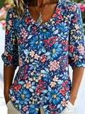 3D Printing Linen Blend Colorful Floral Shawl Collar Button Loose Casual Shirt