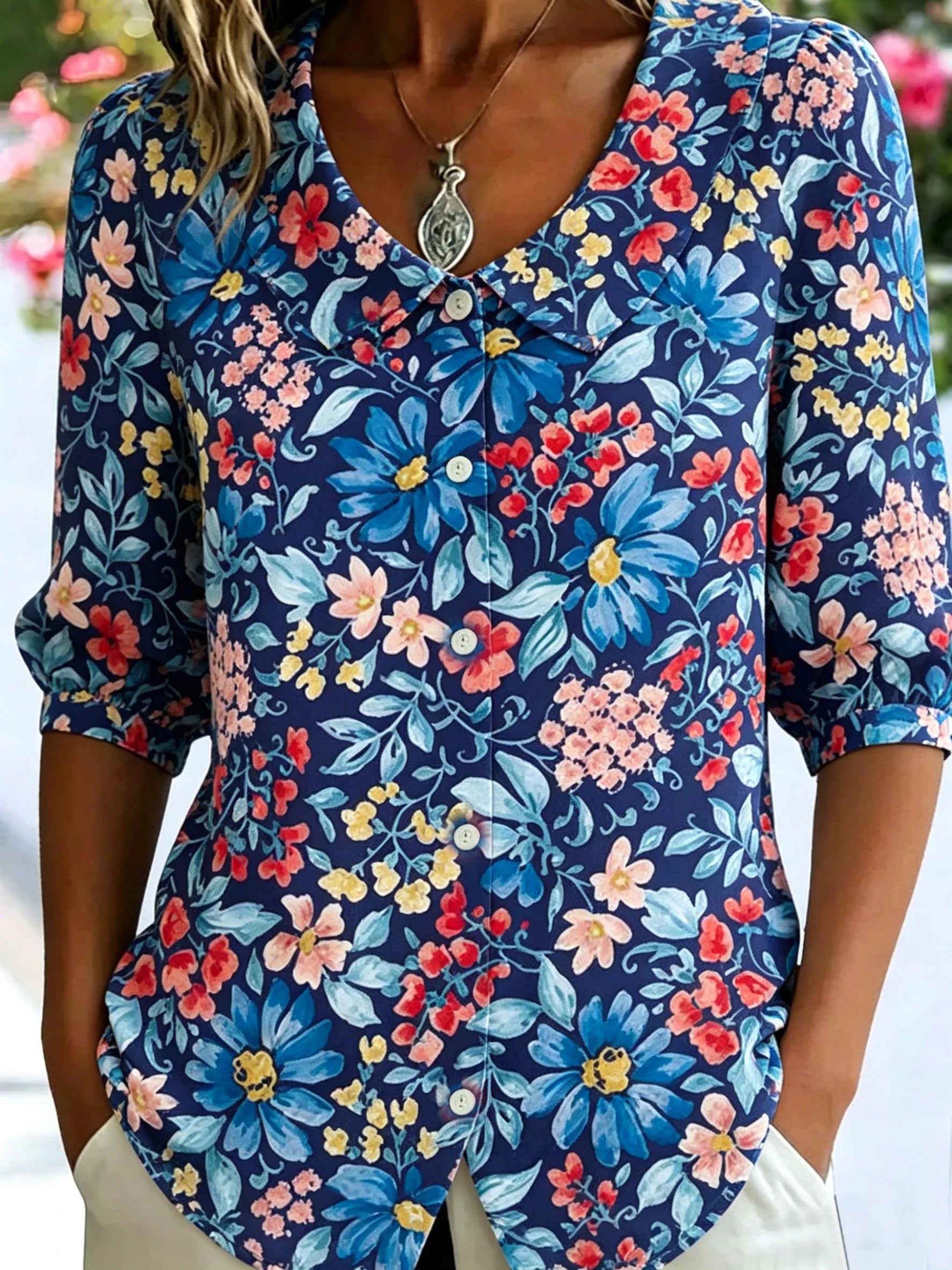 3D Printing Linen Blend Colorful Floral Shawl Collar Button Loose Casual Shirt